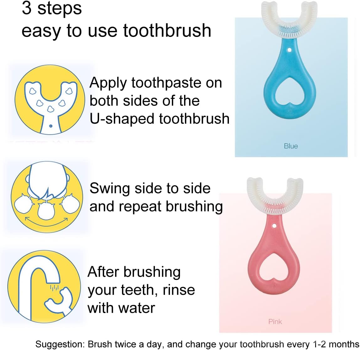2 Pcs U-Shaped Kids Toothbrush, Premium Soft Manual Training Toothbrush for Kids 2-6 Years Old. (Blue+Pink)