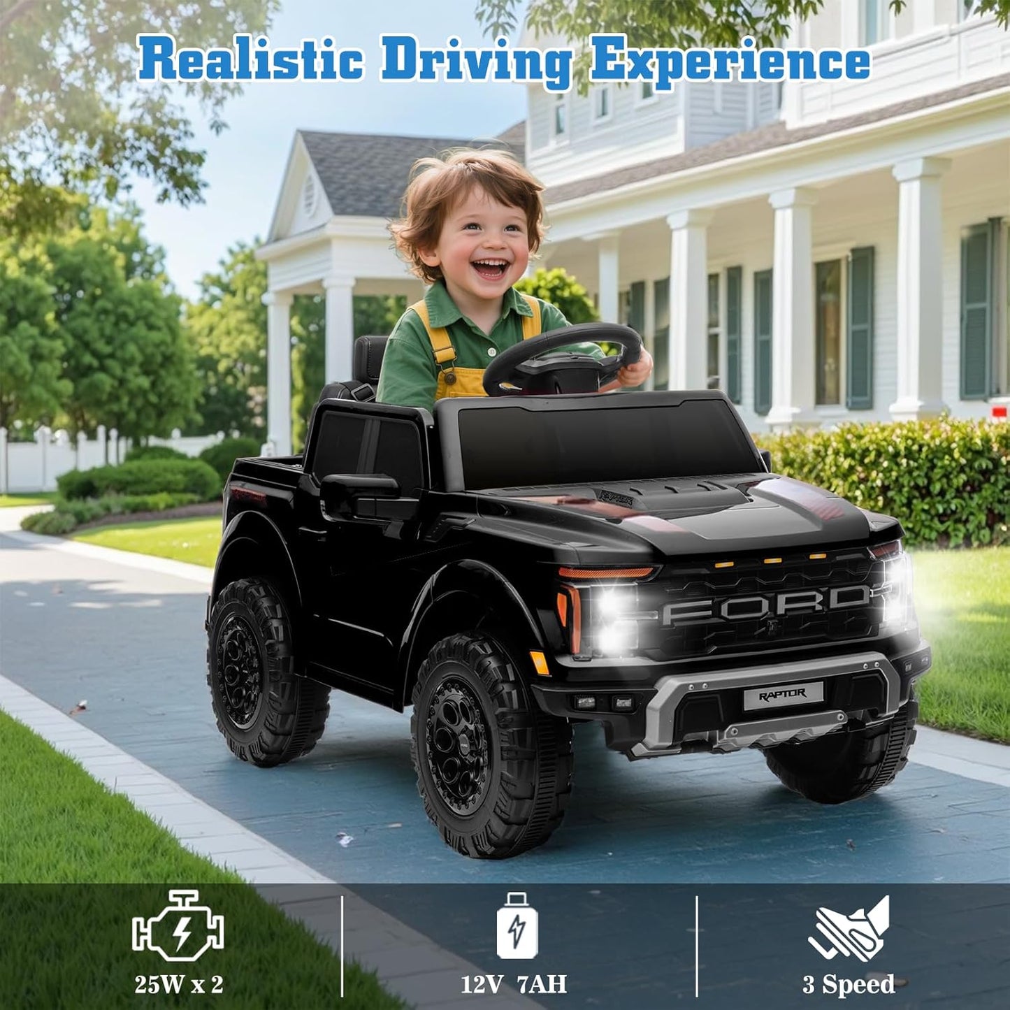 12V Ride on Car Licensed Ford F-150 Raptor, Kids Electric Car with Remote Control, LED Light/Music/MP3, Truck Bed Storage, 3-Point Seat Belt (12V, Black)