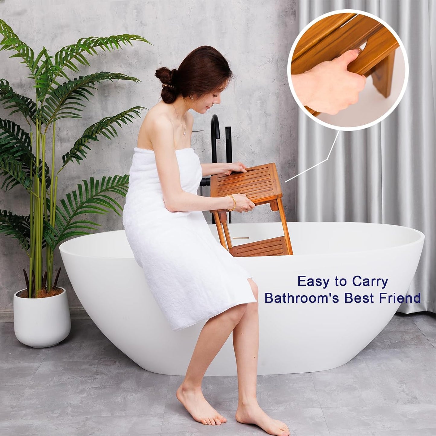 18" Standard Teak Shower Bench with Shelf & Handle - Waterproof, Non-Slip Bath Stool, 300 lbs Capacity - Fits Standard Tubs/Showers & Outdoor Use (Patented)