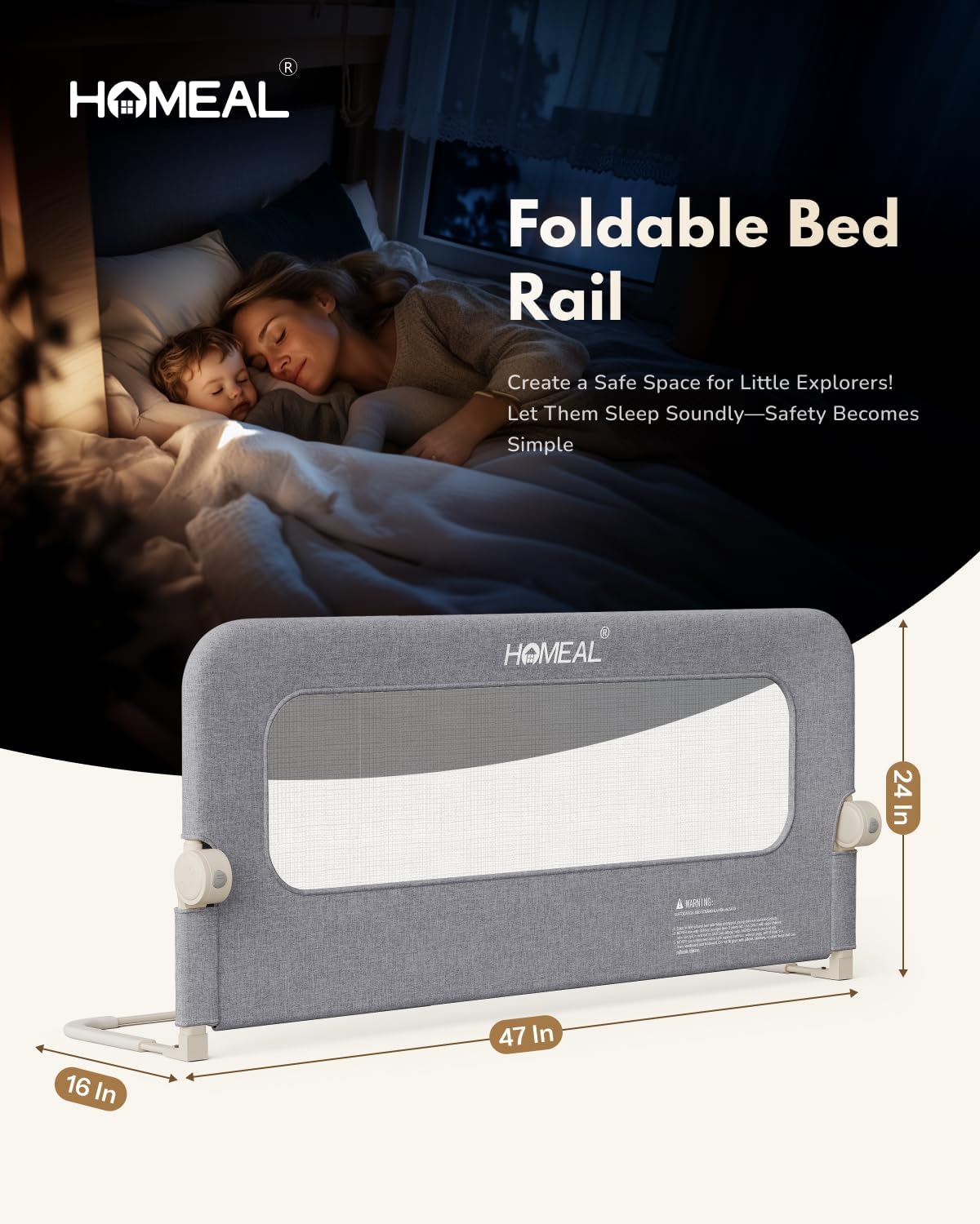 HOMEAL Toddler Bed Rails - 47"x24" Foldable Baby Bed Rail Guard with U-Shape Base - Kids Guard for for Twin, Full, Queen, King Beds - Breathable Bed Rail for Baby, Grey, 1 Pack