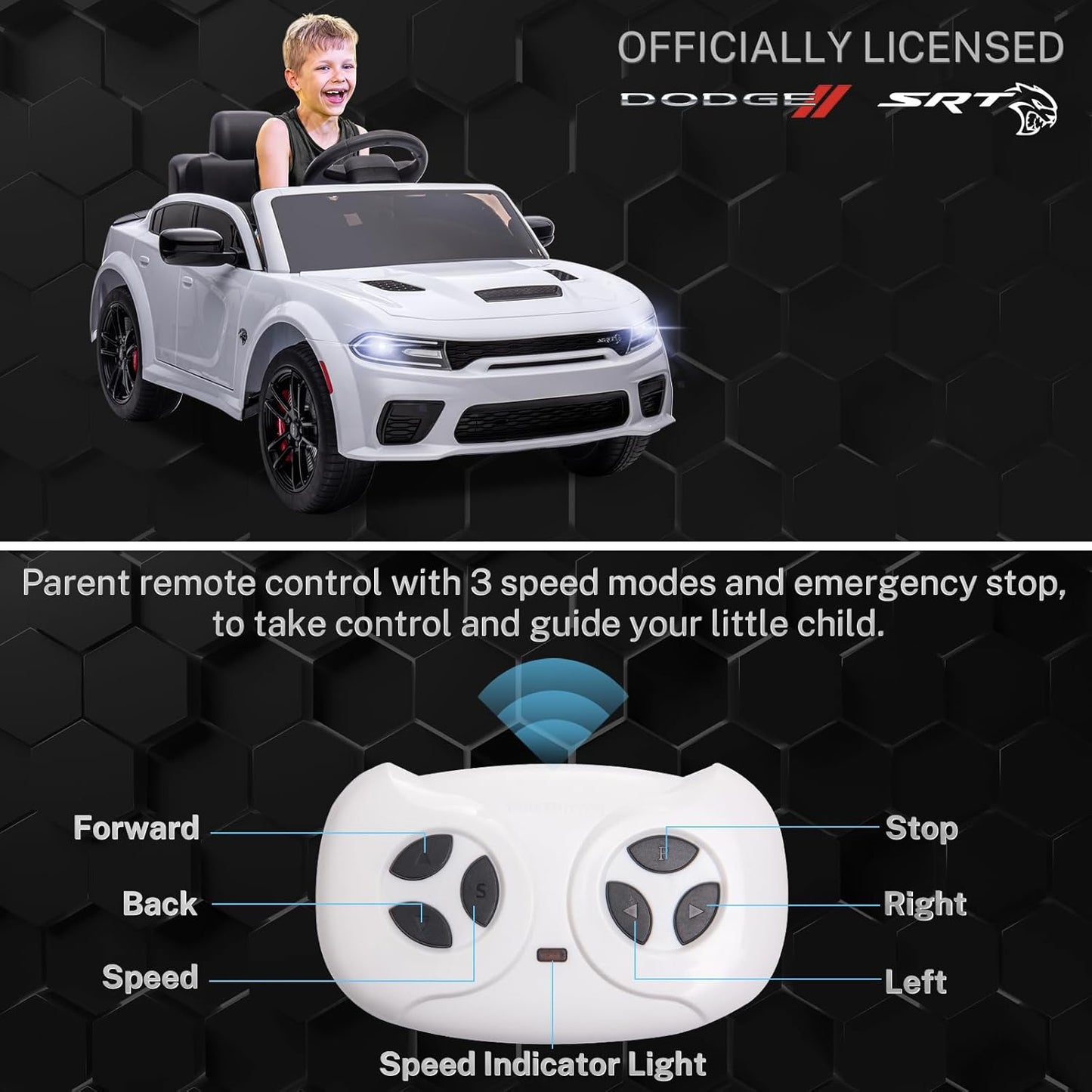 12V 7Ah Kids Electric Ride on Car, Licensed Dodge Charger SRT Hellcat, Battery Powered 4-Wheels Toy Car Electric Vehicle for Kids with Remote Control, 3 Speeds, LED Lights, Music (White)