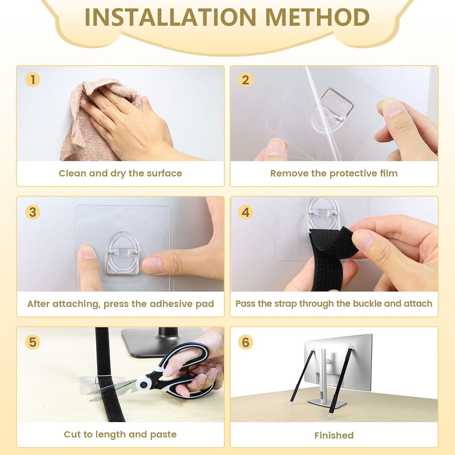 10 Pack Cut to Length TV Safety Straps for Flat Screen, No-Drill Adjustable Anti-Tip Earthquake Straps for TV and Furniture,Including 1in*32ft Hook and Loop Straps with 20 Adhesive Anchors