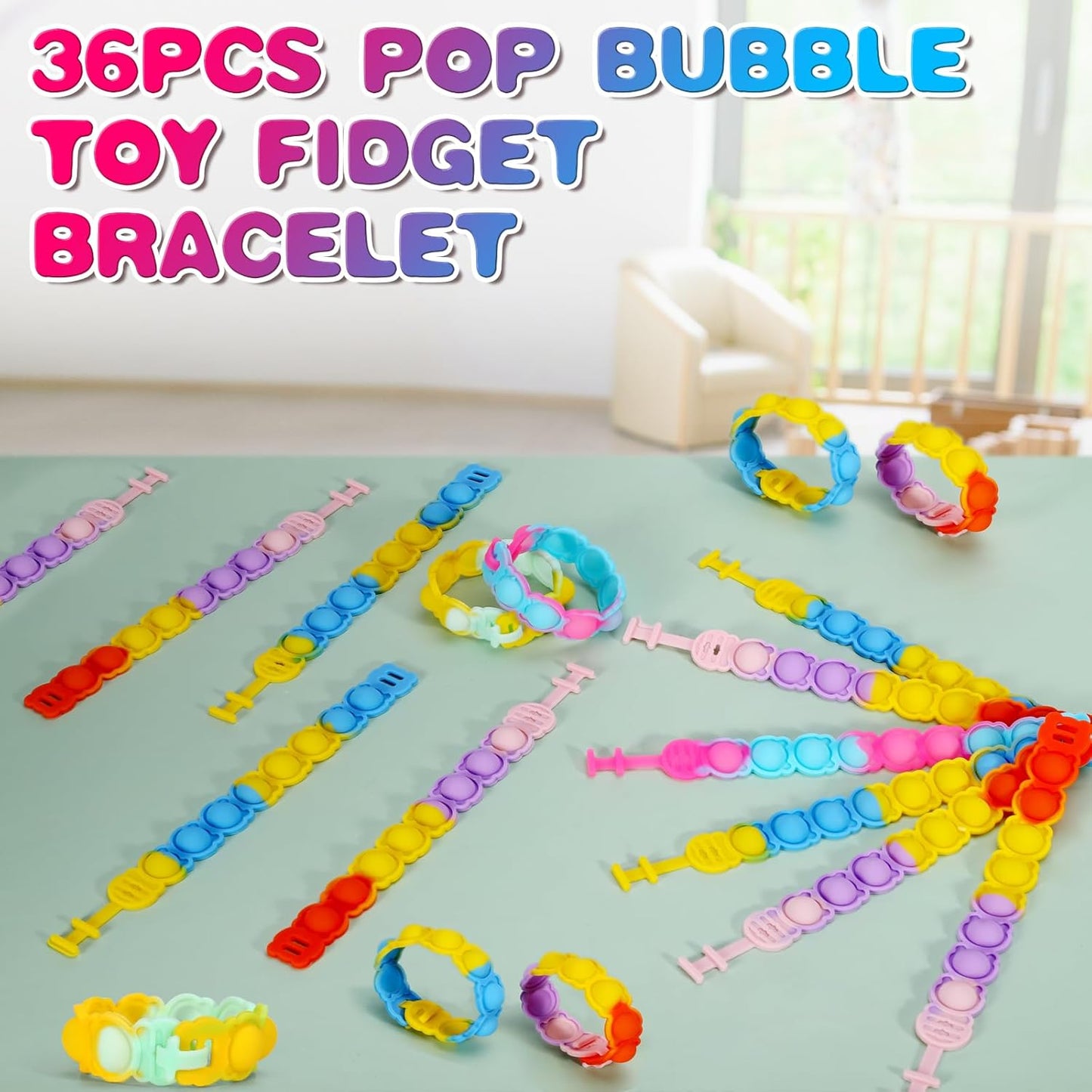 36 PCS Pop Bracelet it Fidget Toys Pack, Fidget Bear Bracelet Birthday Party Gifts, Decompression Wristband with Autistic & ADHD,Fidget Wristband as Return Gifts for Kids, Fidgets Novelty Girls Toys