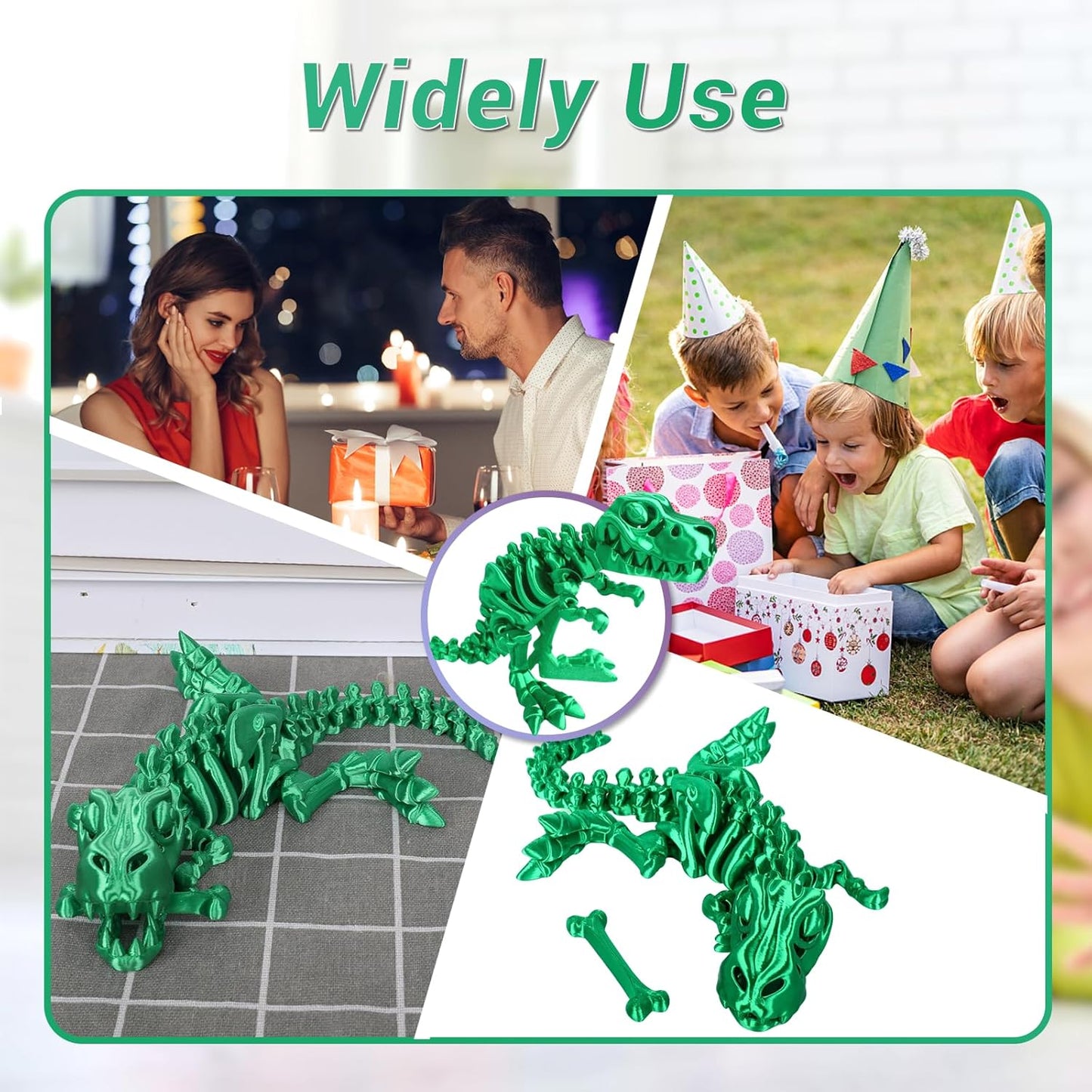 3D Printed Dinosaur Bone Skeleton Tyrannosaurus Rex with Movable Jaw Fidget Dinosaur Toys Full Articulated Dinosaur Executive Desk Toys Home Office Decor, Green-2