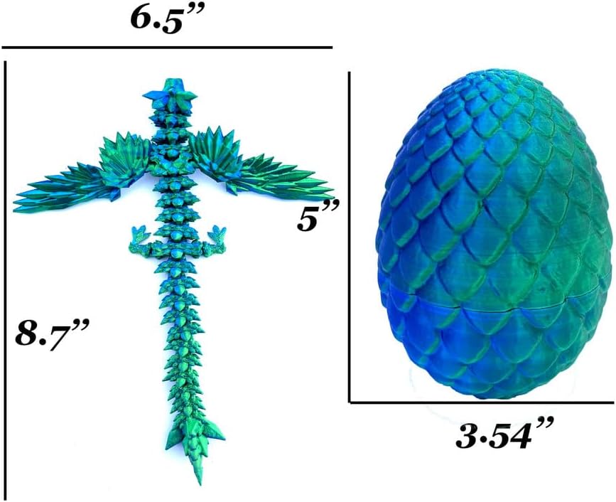 3D Printed Dragon Egg, 12inch Dragon Fidget Toys with Wings Easter Basket Stuffers Executive Desk Toys Crystal Dragon for Autism/ADHD Home Office Decor