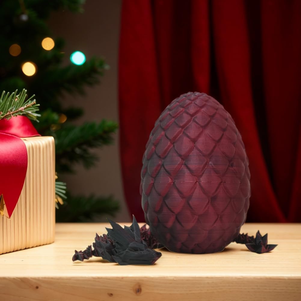 3D Printed Dragon Egg,Dragon Eggs with Dragon Inside,Crystal Dragon Fidget Toys,Full Articulated Dragon Dragon in Egg,Adults Fidget Toys for Autism ADHD(Black Red)