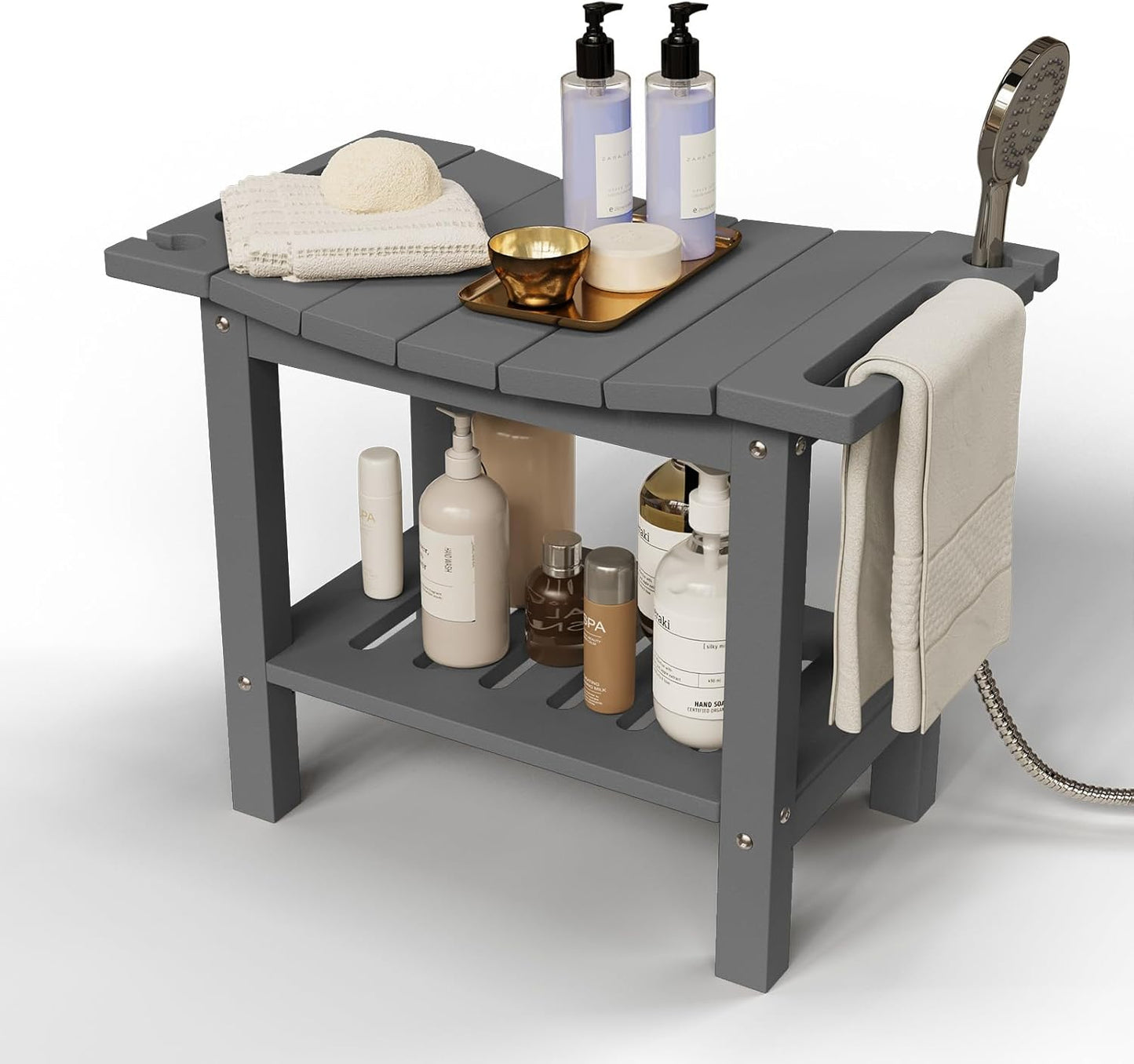 HDPE Shower Bench Stool for Inside Shower, Non-Slip Shower Stool for Shaving Legs with Storage Shelf, Waterproof Shower Chair Spa Bath Seat for Indoor & Outdoor Use (Gray)