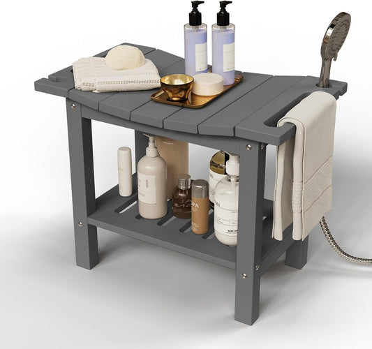 HDPE Shower Bench Stool for Inside Shower, Non-Slip Shower Stool for Shaving Legs with Storage Shelf, Waterproof Shower Chair Spa Bath Seat for Indoor & Outdoor Use (Gray)