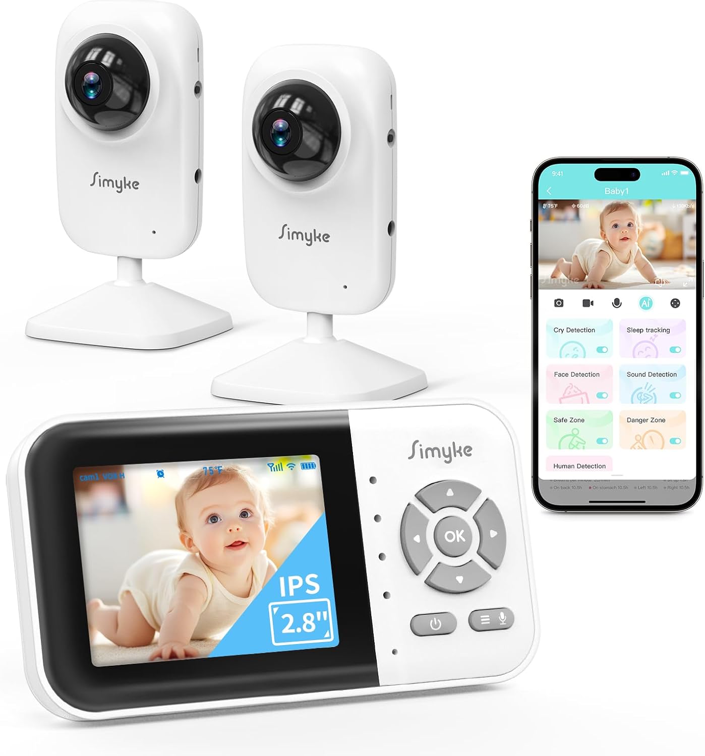 2Cameras Video Baby Monitor,Two Mode,2.8'' IPS Display Screen,Night Vision,2-Way Talk,1200ft Long Range,VOX,Lullaby,Free Smart Phone App, Works with iOS, Android,Ideal for Baby/Elderly/Pet