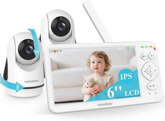HelloBaby Baby Monitor with 2 Cameras, Large 6'' Video Baby Monitor No WiFi,30-Hour Long Battery, 320° Pan-Tilt Camera with 2X Zoom, Auto Night Vision, 2-Way Talk,ECO,1000ft, Portable, 150 Languages