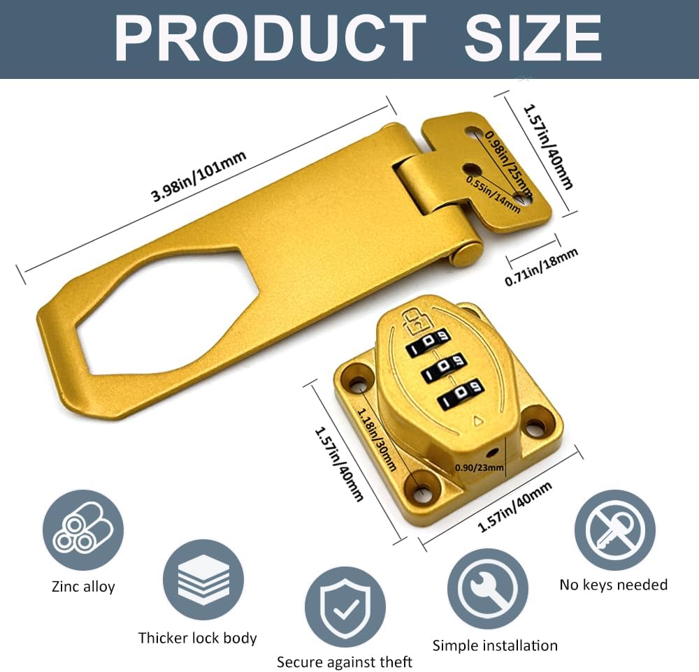 2Pcs Cabinet Password Rotary Hasp Locks,4 Inch Keyless Combination Lock for Cabinets,Gates,Doors,Closets and More (Gold)