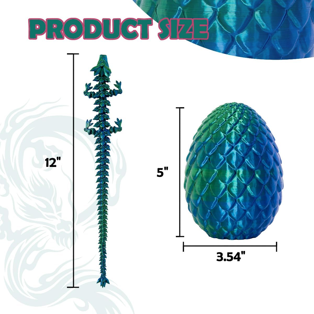 3D Printed Dragon Eggs with Dragon Inside, 12In Laser Blue Green Dragon Egg Fidget Toy, Executive Desk Articulated Dragon Toy, Home Office Decor