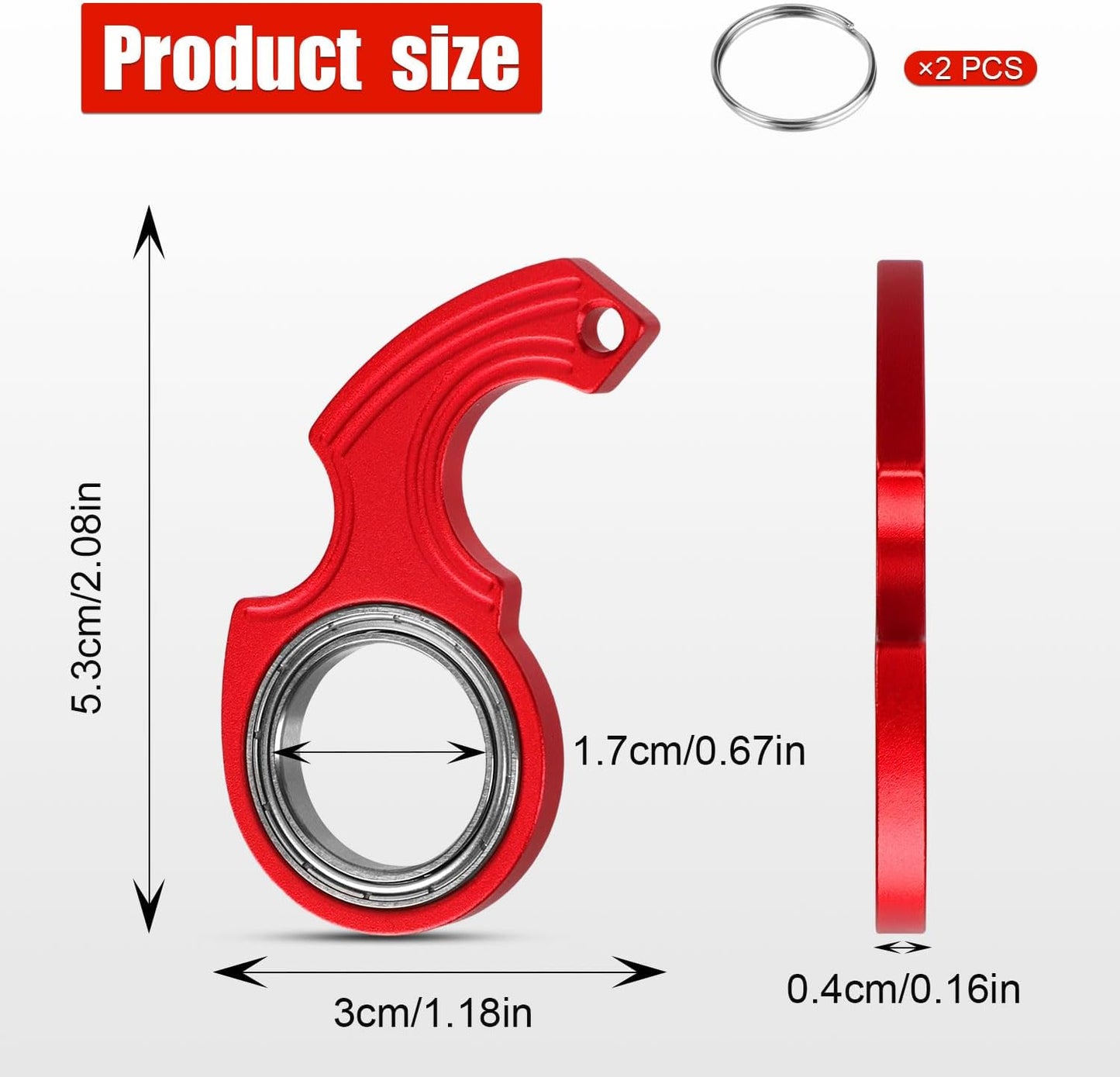 2pcs Key Chain Spinner Toys 0.67" Inner Diameter with 2pcs Key Rings, Finger Fidget Keychain Key Ring Spinner Toy Gifts for Kids Adults Finger Exercising Anxiety Relief (Black, Red)