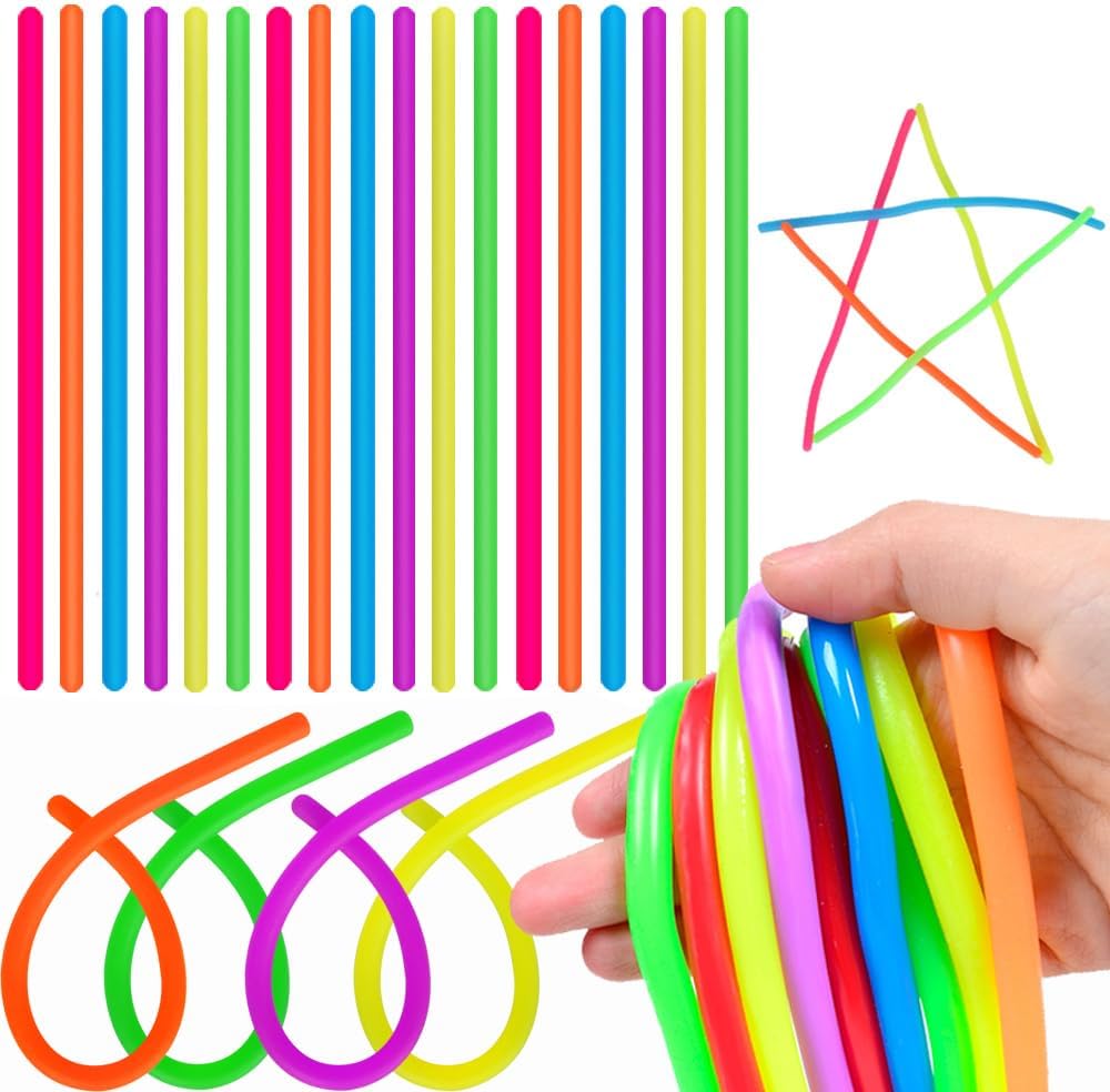 100 PCS Colorful Stretchy Fidget Strings Sensory Toys, Carnival Prizes Fidget Stress Relief Toy for Classroom Prize Children Gift Birthday Party Favors Kids 4-8 8-12