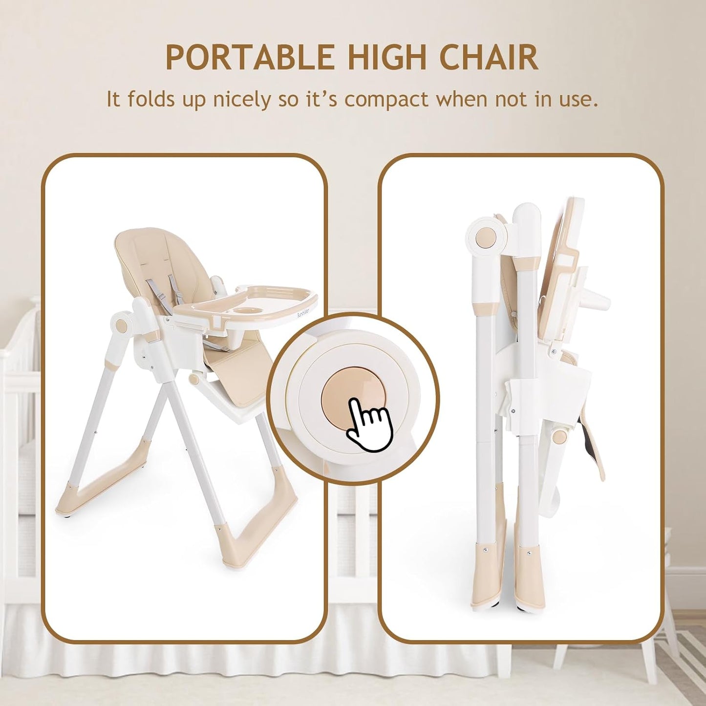3 in 1 Baby High Chair with Wheels, Adjustable 5 Point Harness, Tray, Foot Rest, Backrest and Seat Height, Foldable High Chair for Toddlers, Beige