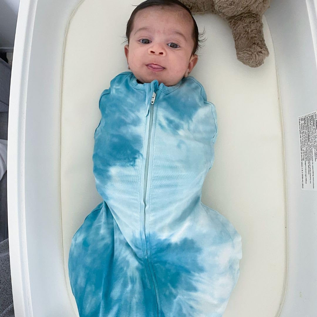 Happiest Baby Sleepea 5-Second Swaddle - 100% Organic Cotton Baby Swaddle Blanket - Doctor Designed Promotes Healthy Hip Development (Tie Dye Blue, Small)