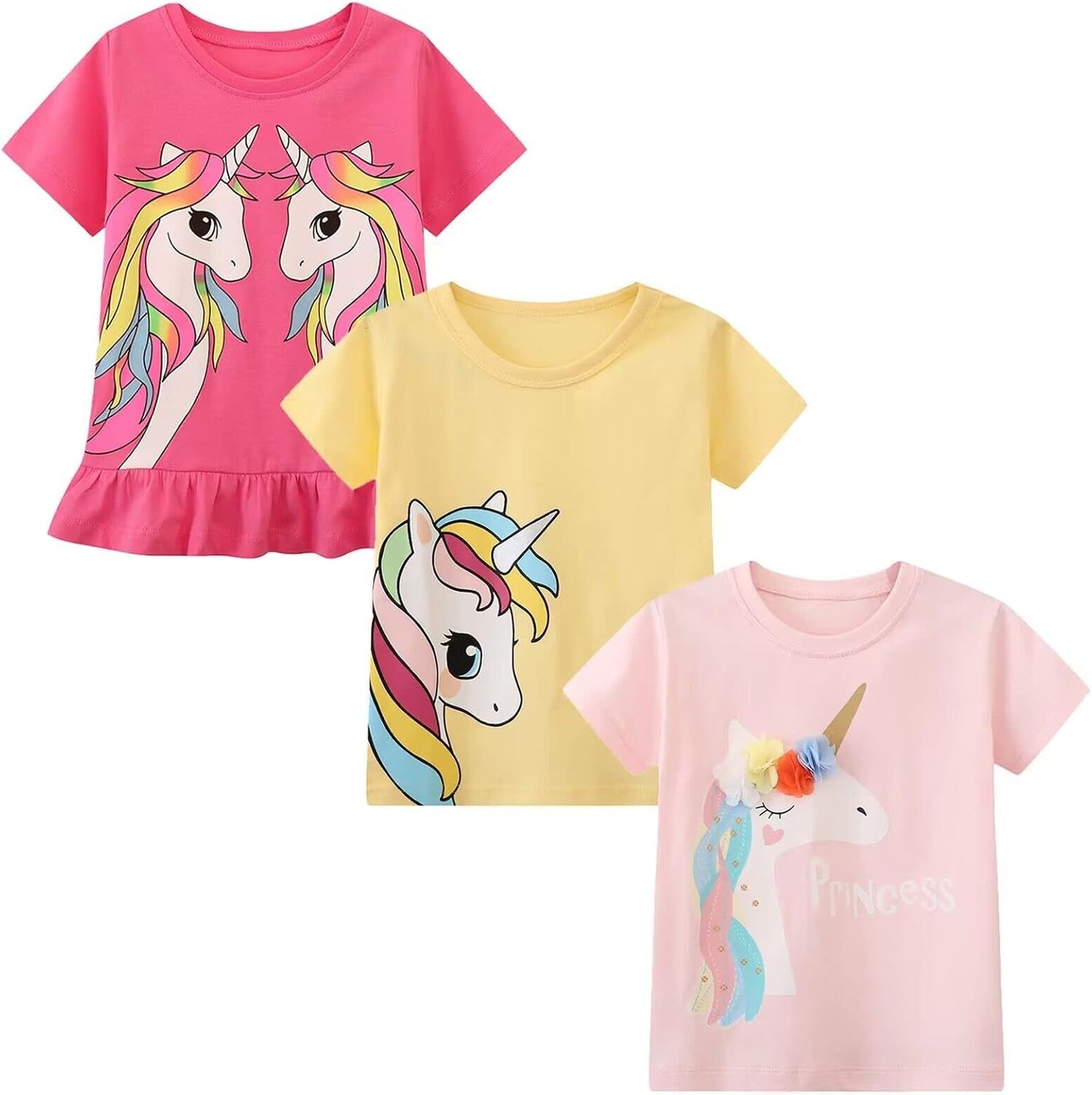 HILEELANG Girls' Tees Ruffle Short Sleeve T-Shirt Cotton Casual Graphic Summer Crewneck Tunic Tops