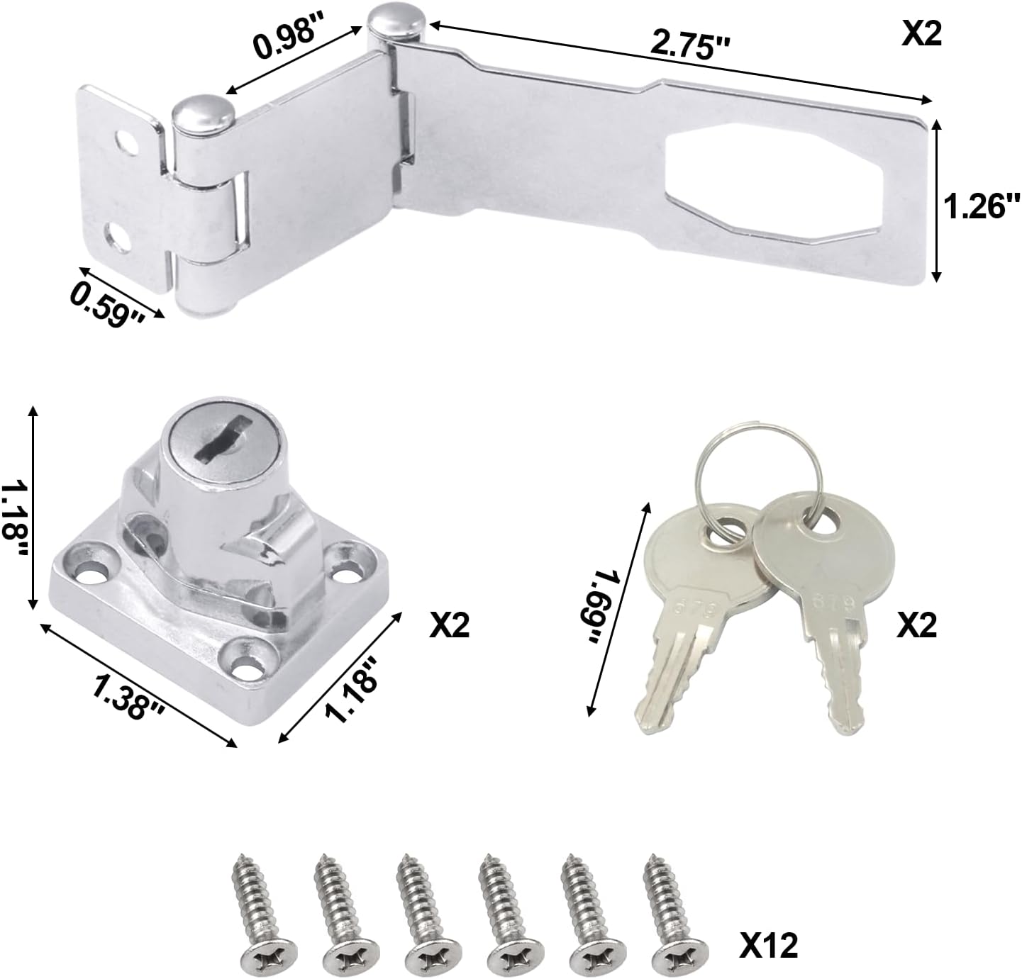 2 Pack Door Lock Hasp Latchs, Collapsible Solid 304 Stainless Steel File Cabinet Lock Desk Drawer Lock, for 90 Degree and 180 Degree Drawers, Dabinets, Doors, Flip Barn Door (Individual Key)