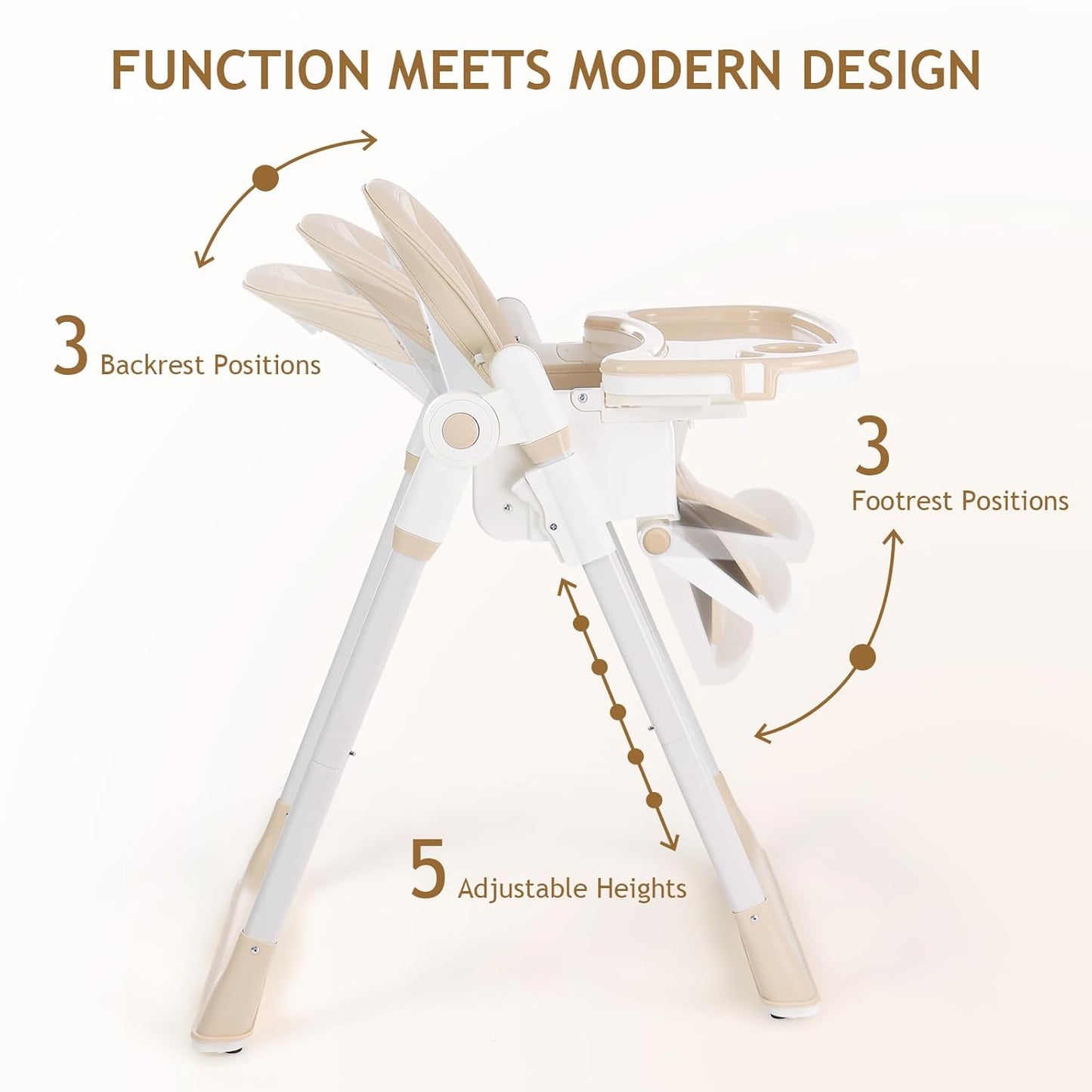 3 in 1 Baby High Chair with Wheels, Adjustable 5 Point Harness, Tray, Foot Rest, Backrest and Seat Height, Foldable High Chair for Toddlers, Beige
