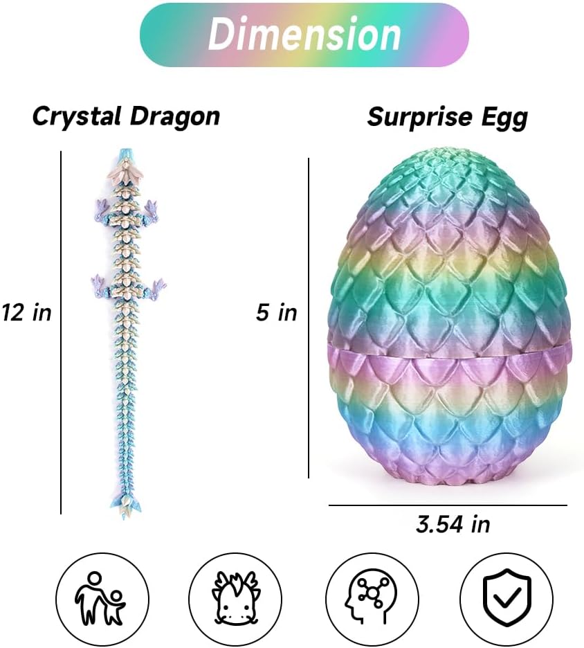 3D Printed Dragon Egg, Mystery Crystal Dragon Egg Fidget Toys Surprise, Articulated Crystal Dragon Eggs with Dragon Inside (Rainbow Color)