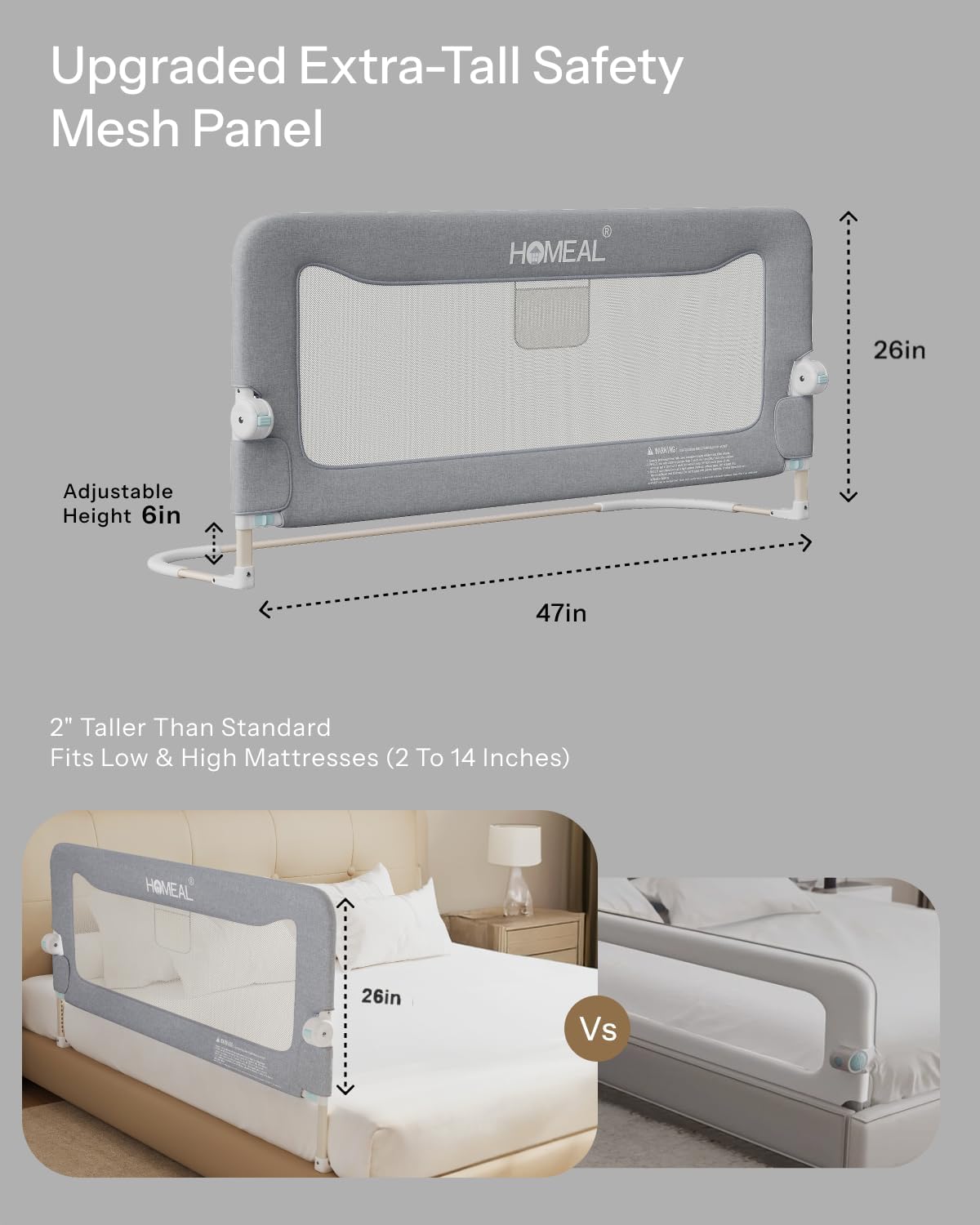 HOMEAL Bed Rail for Toddlers，47" x 26" Grey, Long Tall Foldable Baby Bed Rail Guard for Easy Use and Storage, U-Shaped Base Width Increased by 4", Suitable for Twin, Full, Queen, King Size Bed