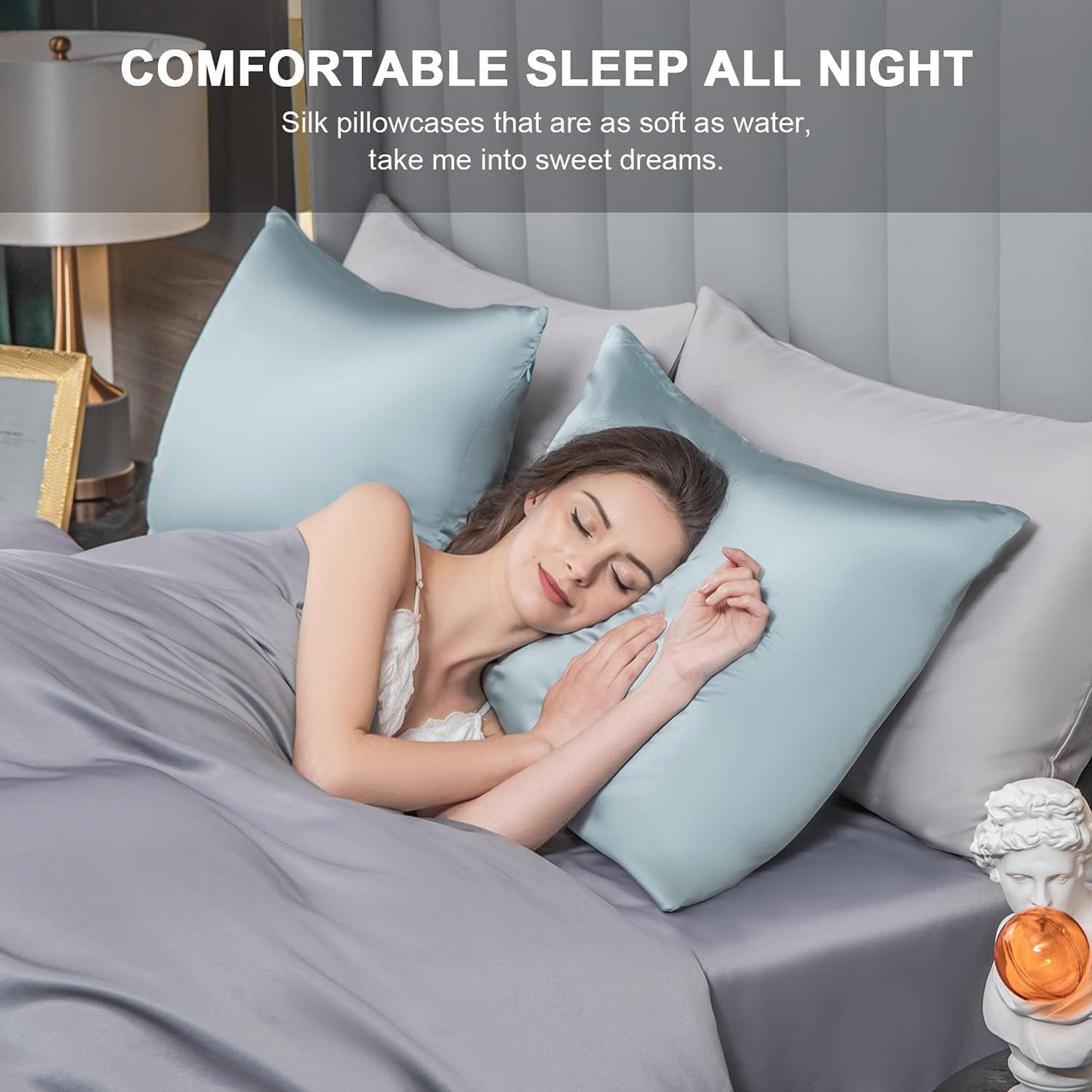 2 Pcs Mulberry Silk Pillowcase for Hair and Skin,Cooling Silk Pillow Case with Hidden Zipper,Allergen Proof Dual Sides Soft Breathable Smooth Silk Pillow Cover for Women.(Standard-2PCS,Aqua Blue)