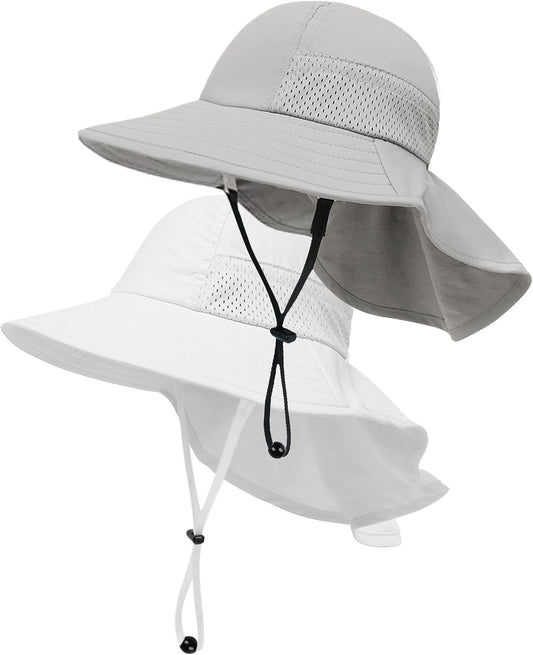 2-Pack Toddler Baby Sun Hat Kids Summer UPF 50+ for Boys Girls Adjustable Beach Hats with Bucket Wide Brim Age 1-7 Years(Grey+White,Small)