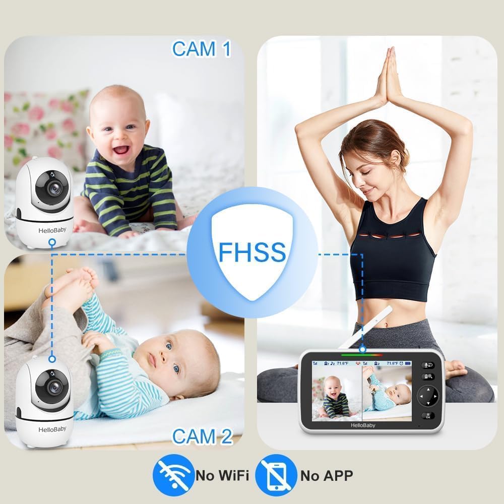 HelloBaby Baby Monitor 2 Cameras, 6'' World First IPS Split-Screen 30H Battery, No WiFi 2-Way Audio, Video, VOX, Double Cameras Pan-Tilt-Zoom, Night Vision, 8 Lullabies, 1000ft for Twins