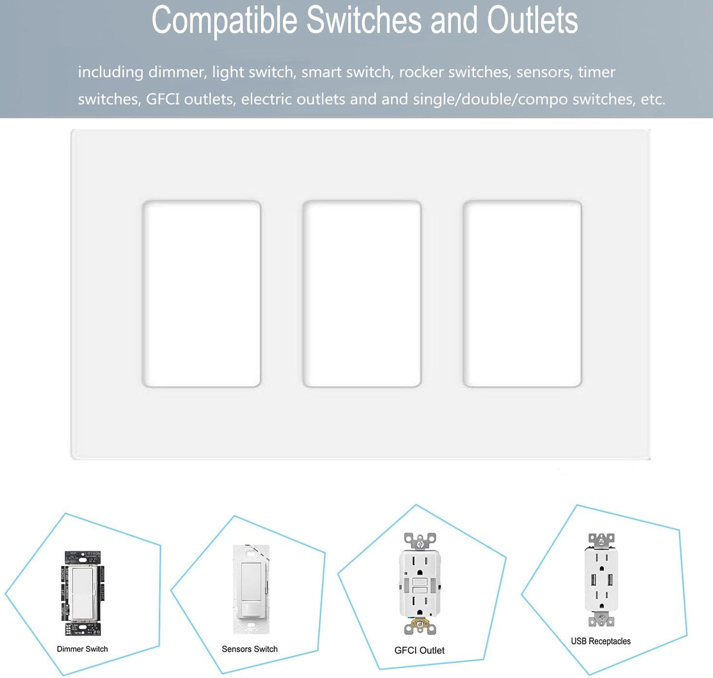 3-Gang Screwless Decorator Wall Plate Cover Switch Outlet Electrical Faceplate for Light Switche, Smart Switch, Receptacle, Dimmers, USB Outlet, GFCI, Child Safe Cover Plate, White (6-Pack)