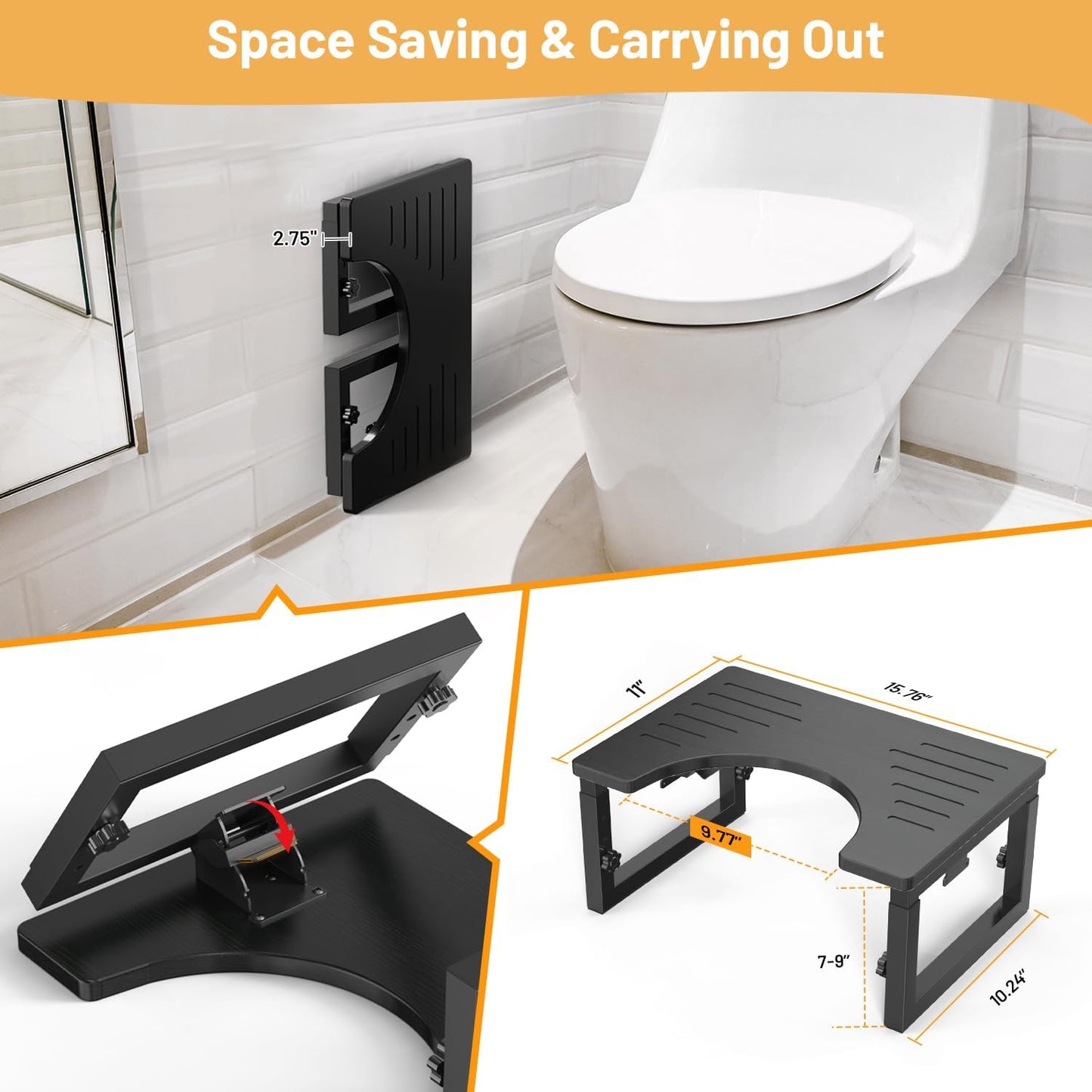 Bamboo Toilet Stool Squat Black, 7 in, 8 in & 9 in Adjustable Heights Pooping Stool for Bathroom Adults Kids, Sturdy Potty Stool with Non-Slip Layer, Improve Squatting Posture, 500 lbs Capacity