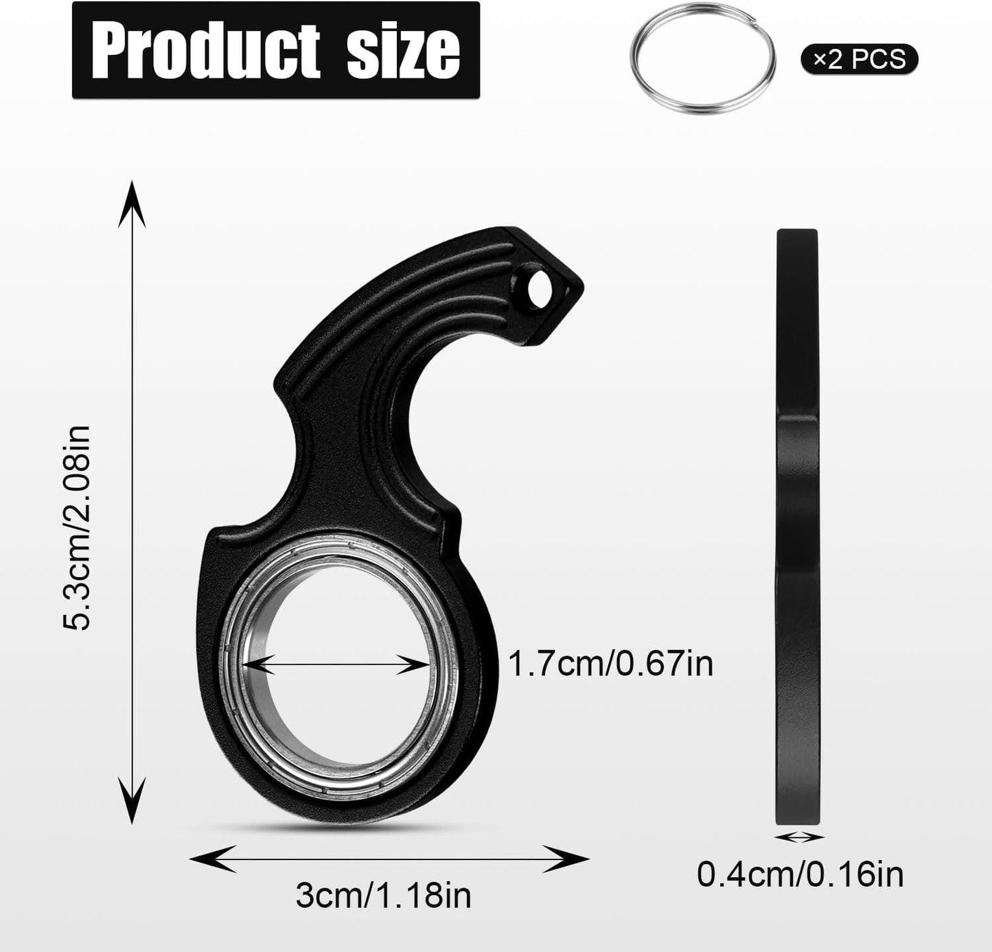2pcs Key Chain Spinner Toys 0.67" Inner Diameter with 2pcs Key Rings, Finger Fidget Keychain Key Ring Spinner Toy Gifts for Kids Adults Finger Exercising Anxiety Relief (Black, Silver)