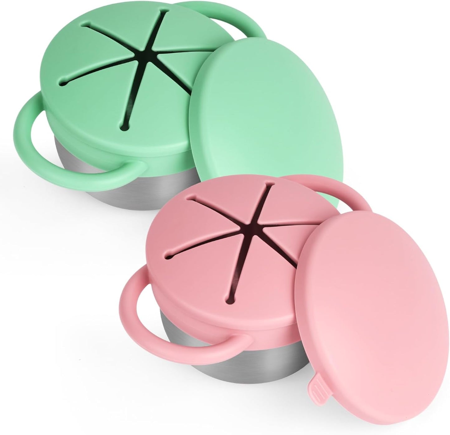 2 Pack Snack Cups for Toddlers Spill Proof - Detachable Stainless Steel Toddler Snack Cups with Silicone Lids & Handles - Dishwasher Safe Baby Snack Containers for Mess-Free Snacking (Green and Pink)