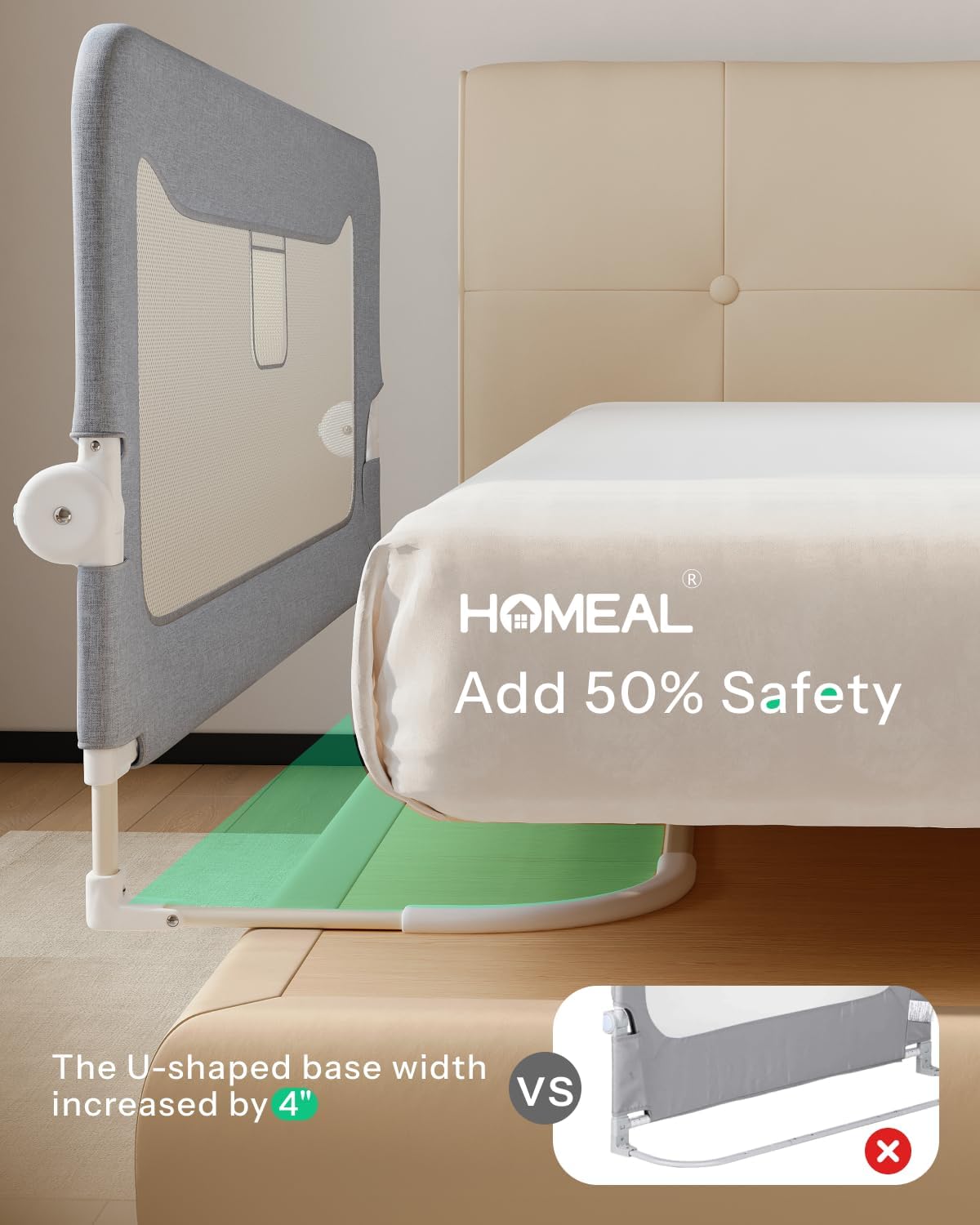 HOMEAL Bed Rail for Toddlers，32" x 26" Grey, Foldable Tall Baby Bed Rail Guard for Easy Use and Storage, U-Shaped Base Width Increased by 4", Suitable for Twin, Full, Queen, King Size Bed