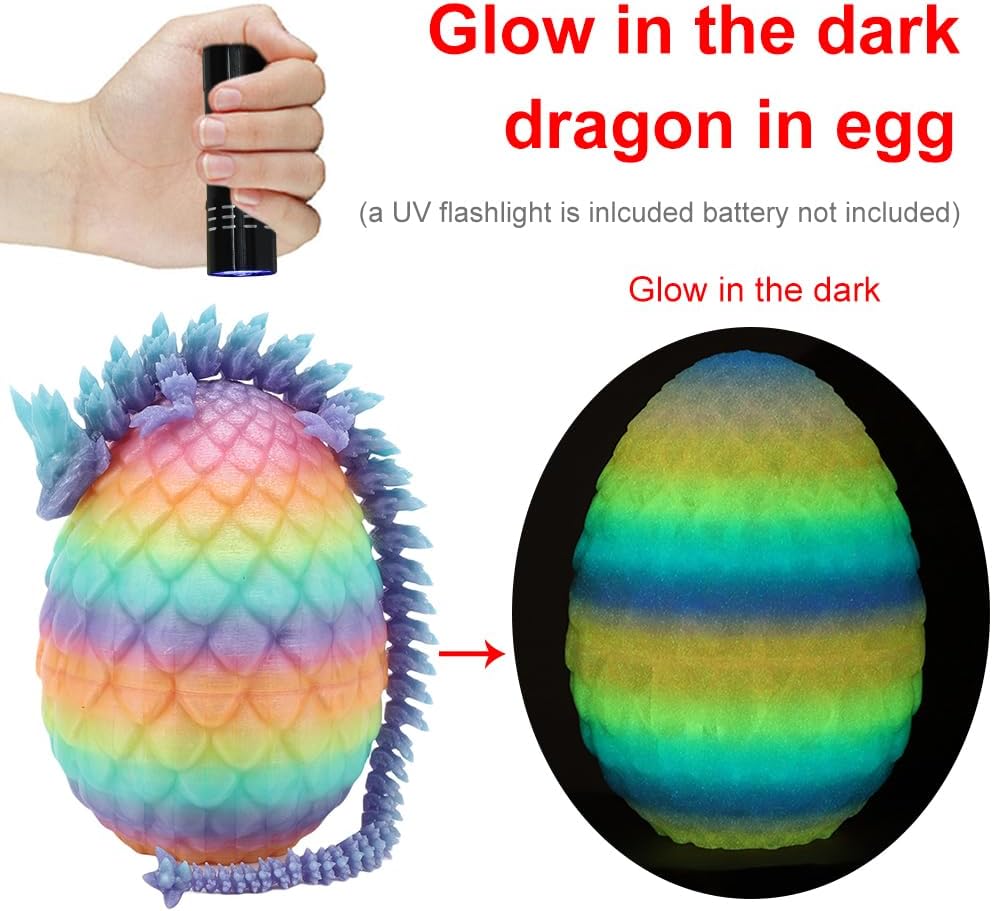 3D Printed Dragon Egg,Dragon Eggs with Dragon Inside,Crystal Dragon Fidget Toys,Full Articulated Dragon Dragon in Egg,Adults Fidget Toys for Autism ADHD (Random Rainbow Glow-in-The-Dark)