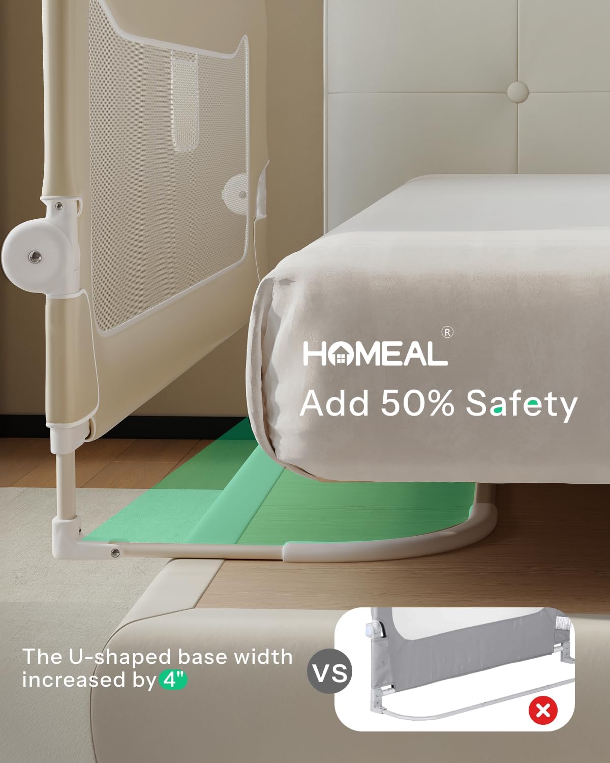 HOMEAL Bed Rail for Toddlers, 32in Swing Down Toddler Bed Rails with U-Shape Base, Foldable Baby Bed Rail Guard, Twin Size, Full Size, Queen Size, King Size Beds, Bed Rail for Baby, Beige