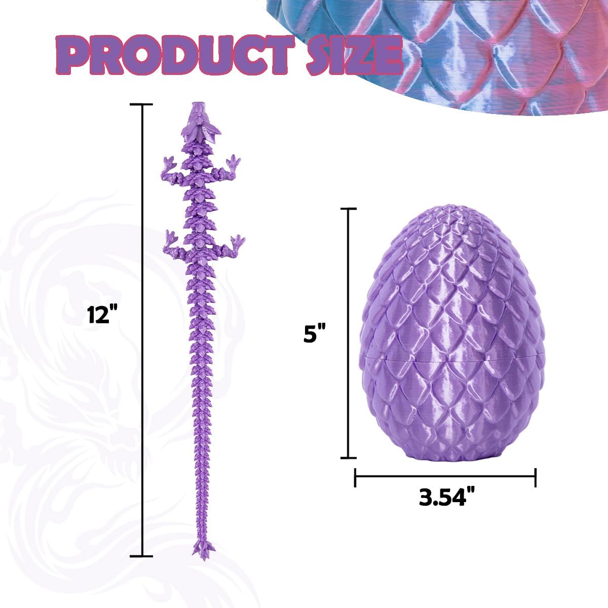 3D Printed Dragon Eggs with Dragon Inside, 12In Silk Purple Dragon Egg Fidget Toy, Executive Desk Articulated Dragon Toy, Home Office Decoration