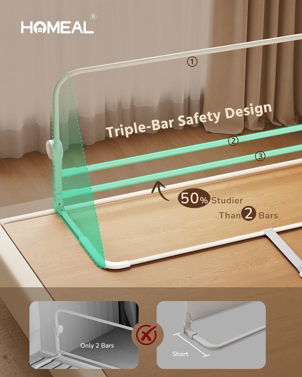 HOMEAL Toddler Bed Rails - 47"x24" Foldable Baby Bed Rail Guard with U-Shape Base - Kids Guard for for Twin, Full, Queen, King Beds - Breathable Bed Rail for Baby, Grey, 1 Pack