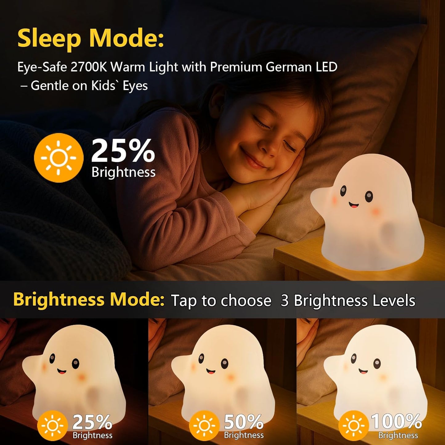 Halloween Cute Ghost Night Light for Kids-Touch+Squishy Silicone+2700k Eye-Safe LED+Fun Sounds,30-Min Timer,Dimmable,Nursery/Bedside/Bedroom Light - Gift for Boys&Girls&Baby&Toddler Cut Ghost Light