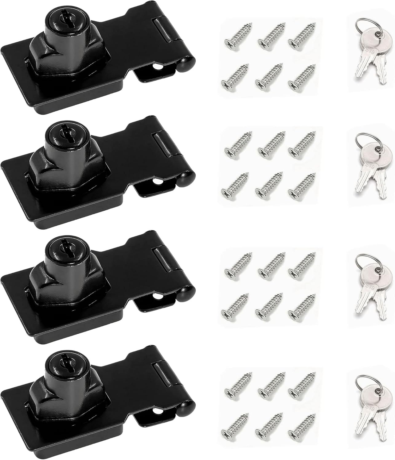 2.5 Inch Keyed Hasp Lock for Cabinets & Small Doors, Twist Knob Design, Heavy Duty Zinc Alloy with Chrome-Plated Iron, Includes Keys & Screws - Black, 4 Pack