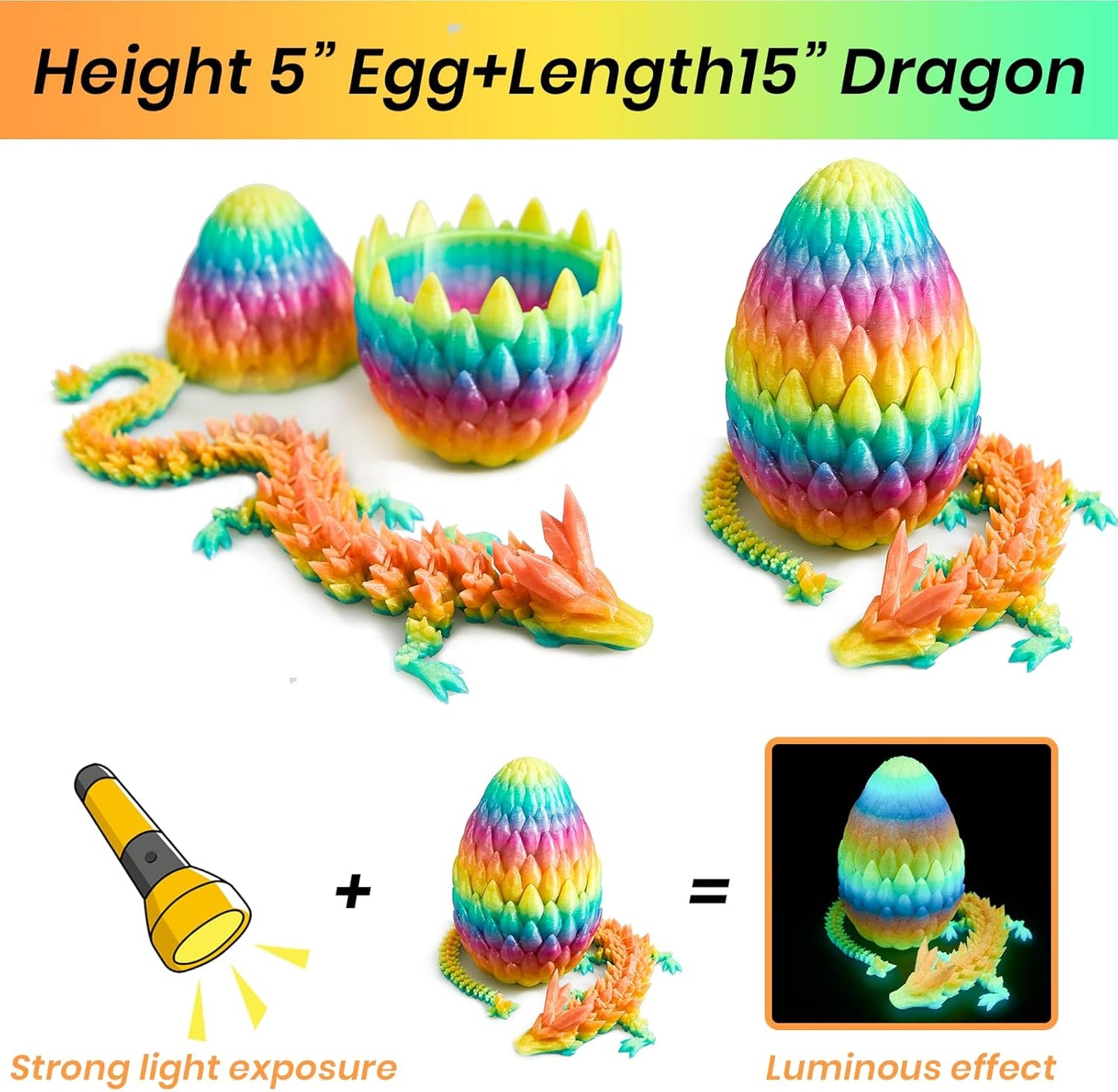 3D Printed Dragon Egg, 15 inchs Rainbow Luminous Dragon Toy,Articulated Crystal Dragon,Glow in Dark Fidget.Cool