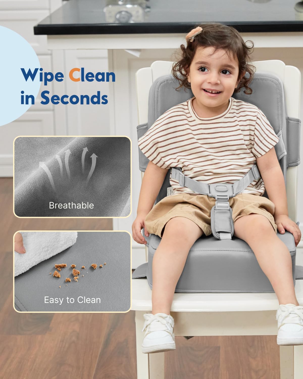 HOMEAL Booster Seat for Kitchen Chair - Compact Toddler Dining Seat with Easy-Install Straps & Wipeable Surface - Breathable Fabric Booster Seat for Table - Light Gray