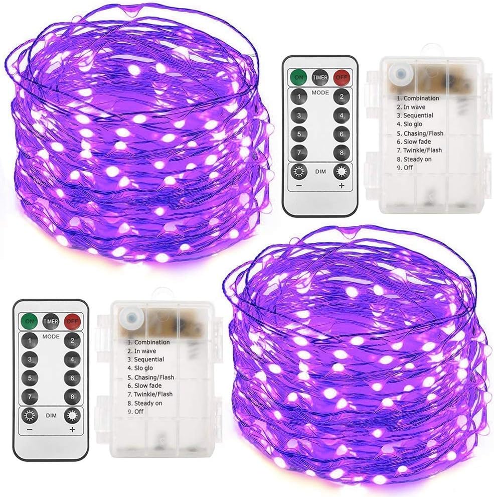 Twinkle Star 2 Pack Halloween Fairy Lights Battery Operated, Total 66 ft 200 Led String Lights Remote Control Timer Twinkle String Lights 8 Modes Firefly Lights for Garden Party Indoor Decor, Purple