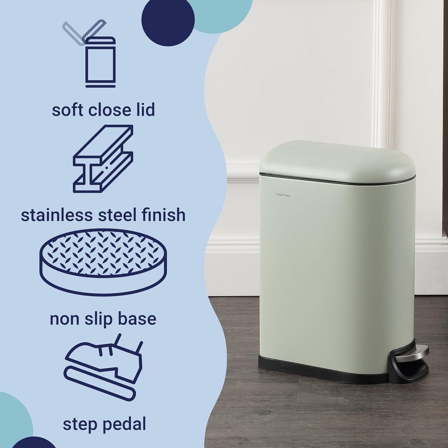 happimess HPM1009E Roland Mini 2.6-Gallon Step-Open Trash Can, Pistachio Gelato,with Soft-Close Lid, Fingerprint Resistant, Modern, Minimalistic for Home, Kitchen, Office, Bedroom, Bathroom