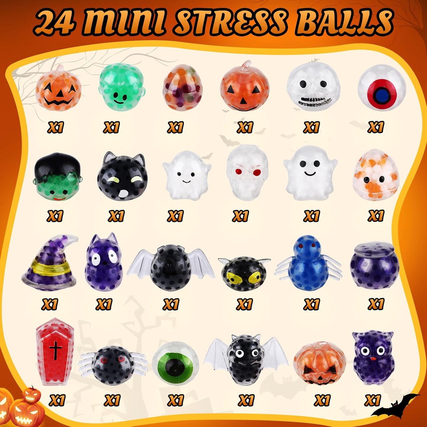 24PCS Halloween Stress Balls,Squishy Fidget Ball Toys,Bulk Stress Relief Sensory Stress Ball for Halloween Party Favors,Trick or Treat Goodie Bag Fillers,Birthday Gift