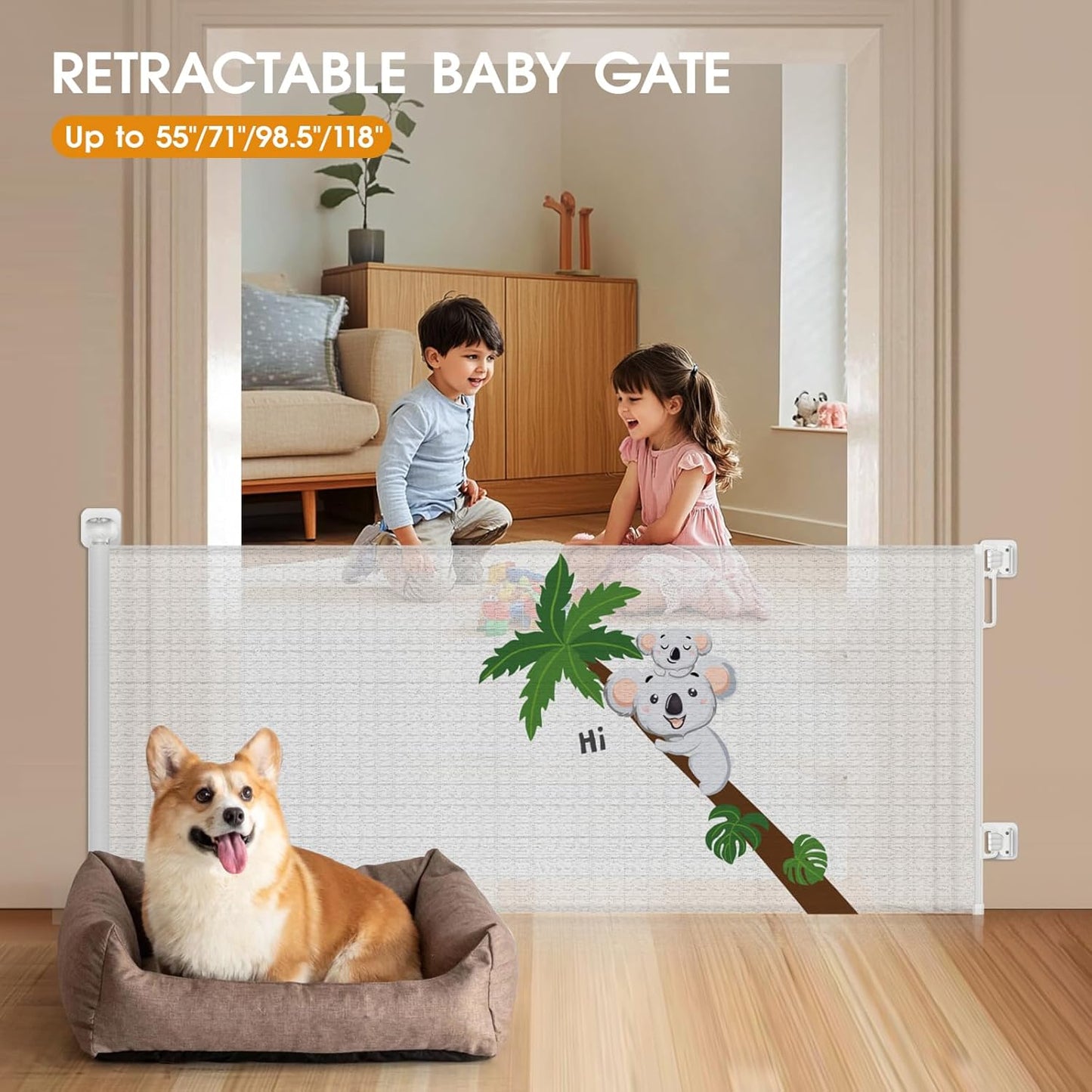 HOMEAL Retractable Baby Gate for Stairs & Doorways, Outdoor Indoor Retractable Mesh Gates for Baby and Pet, Extra Wide Safety Gate for Deck, Porch, Hallways, Patio(Sloth,Width Up to 55")