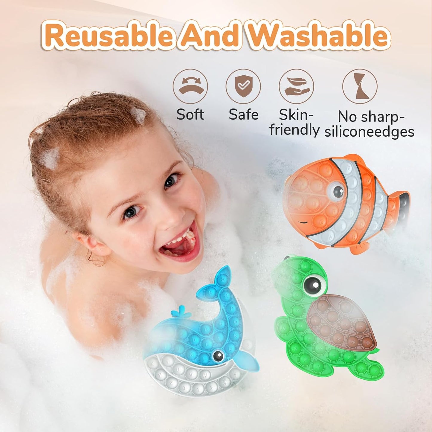 3 Pack Sensory Fidget Poppers Push Bubble Toy, Silicone Squeeze Autism Anxiety Stress Relief Educational Popping Toys for Kids Adults - Clown Fish, Whale, Turtle