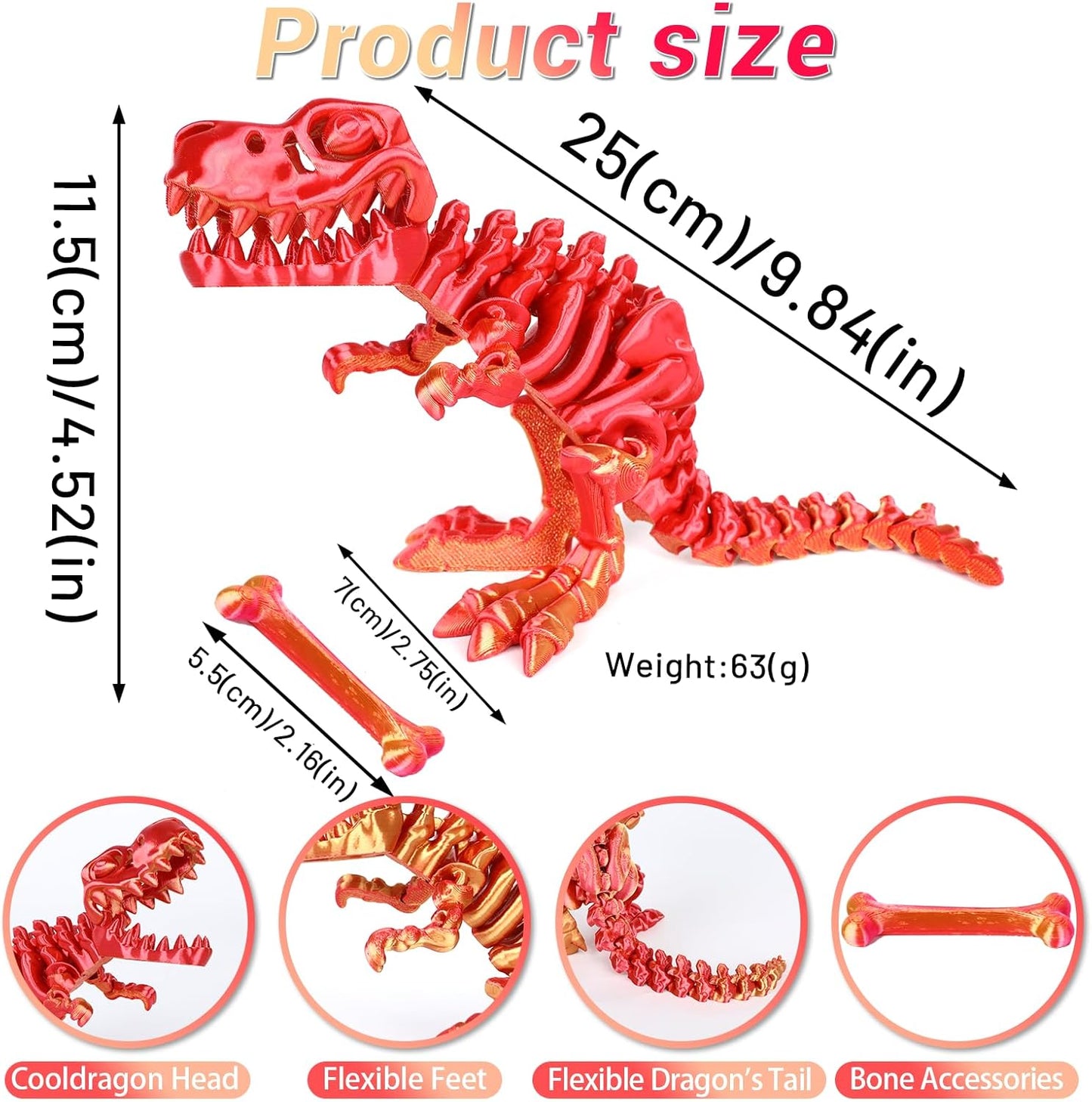 3D Printed Dinosaur Bone Skeleton Tyrannosaurus Rex with Movable Jaw Fidget Dinosaur Toys Full Articulated Dinosaur Executive Desk Toys Home Office Decor, Red-2