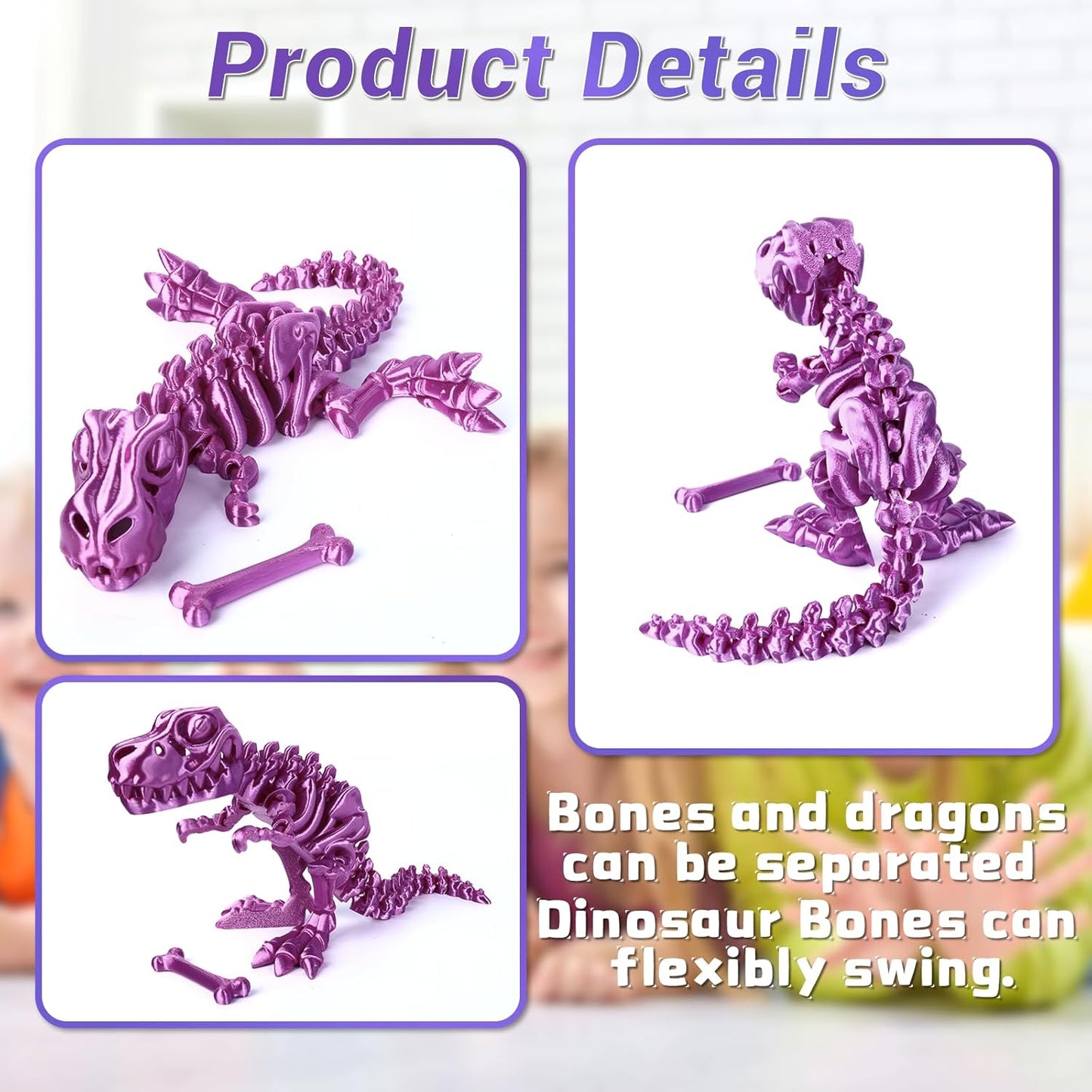 3D Printed Dinosaur Bone Skeleton Tyrannosaurus Rex with Movable Jaw Fidget Dinosaur Toys Full Articulated Dinosaur Executive Desk Toys Home Office Decor