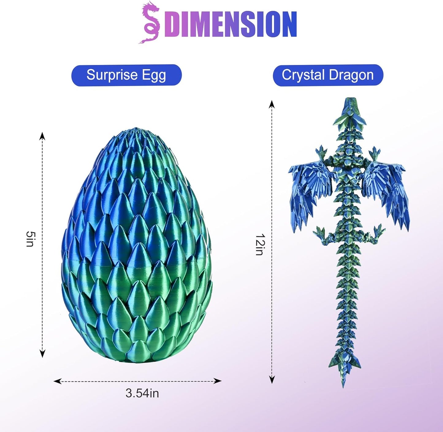 12inch Fly Dragon Egg, Year of The Dragon, 3D Printed Dragon, Executive Desk Toys, Articulated Dragon, Fidget Toys Gifts for Graduates Students Teachers Adults (Green&Blue)