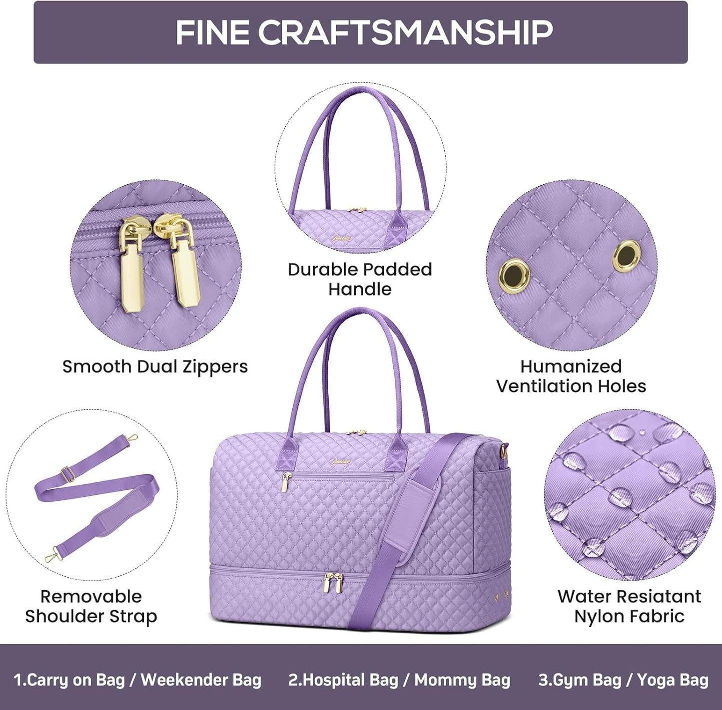 Travel Bag Weekender Bags for Women - Carry on Overnight Bag with Shoe Compartment Duffle Bag with Laptop Pocket Light Purple